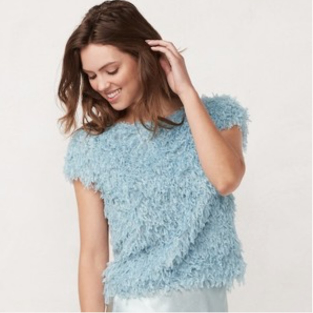 🆕 LC Lauren Conrad Baby Blue Fuzzy Short Sleeve Top